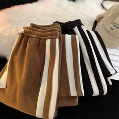 Fall Striped Corduroy Sweatpants Women High Waist Drawcord Loose Wide Leg Pants