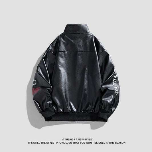 American PU Leather Coat for Men Spring and Autumn New Stand Collar Trendy Pu Jacket