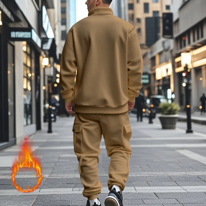 2024 autumn and winter men's casual velvet warm zipper sports trousers set
