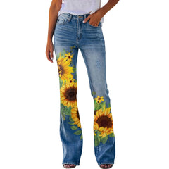 Y2K Ladies Retro Flared Pants Baggy Jeans Women Floral Printed Slim-Fit Denim Trousers