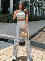 Fashion Silver High Waist Cargo Pants Vintage Pocket Decoration Elegant