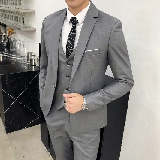 Pure color men's casual office wedding business suit three-piece set