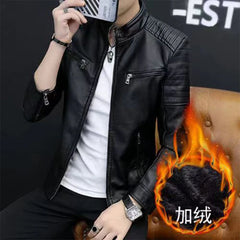 Autumn Winter Stand Collar Loose Casual PU Leather Jacket Male Add Velvet Warm