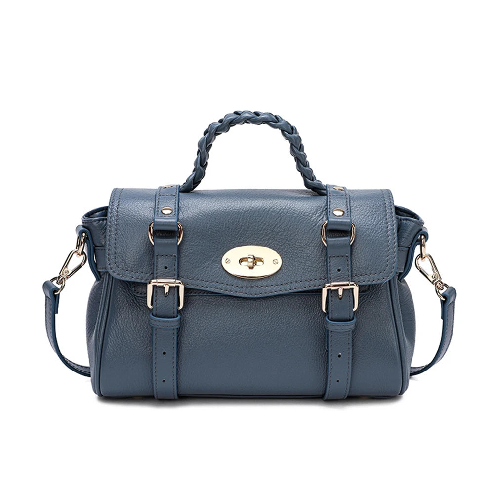 Retro Cowhide Women Messenger Bag Braid Top Handle Genuine Leather