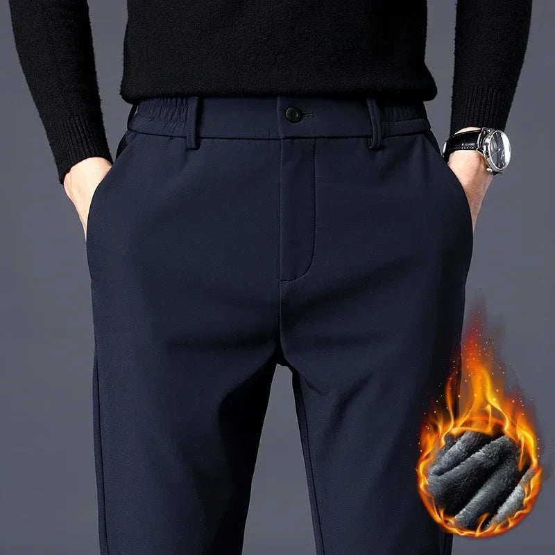 Autumn Winter Pants Men Thicken Fleece Lined Warm Elastic Waist Outdoor Sweatpants