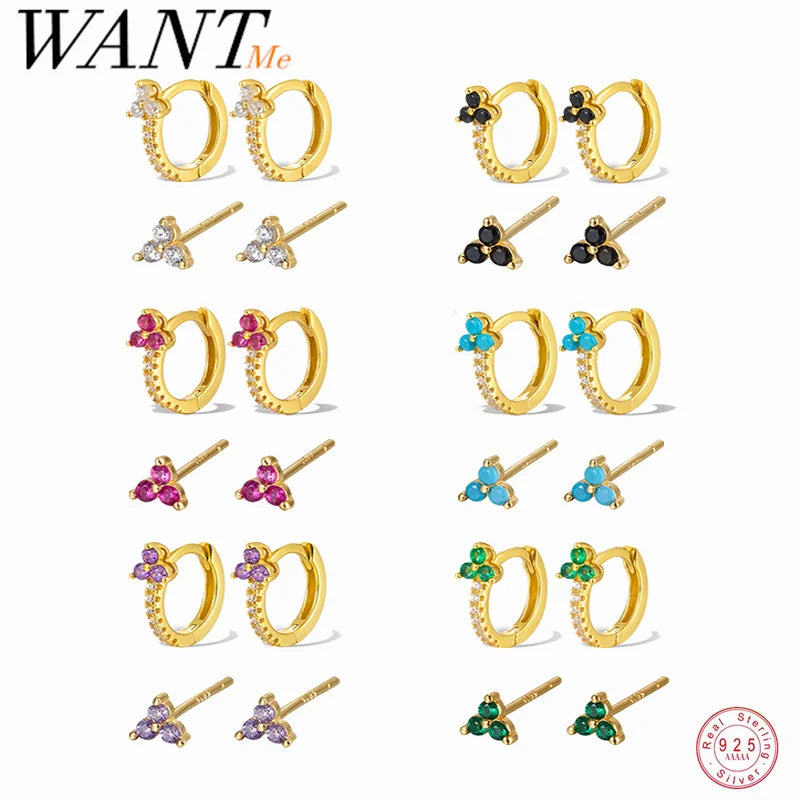 WANTME 925 Sterling Silver Romantic Color Zircon Three-petal Flower Stud Earrings for Women Fashion Huggies Piercing Jewelry