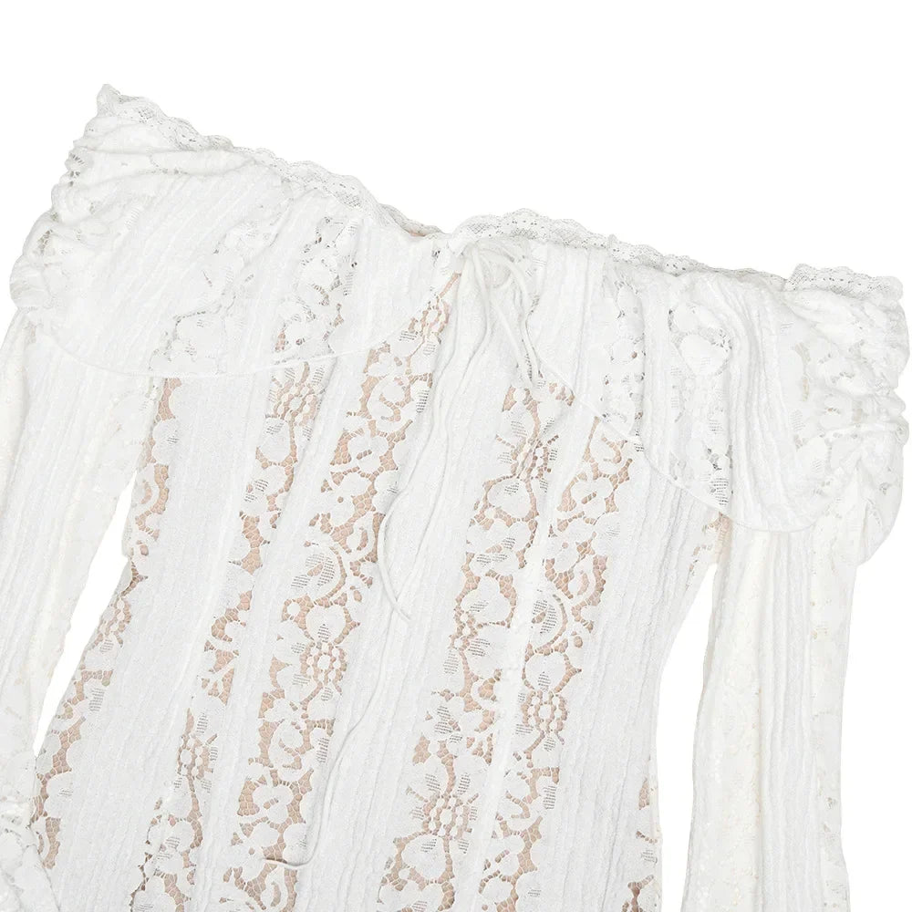 Oligai Lace Slim Mini Dress for Women Off The Shoulder Sexy Long Sleeves Club Party Dresses Bodycon Elegant Autumn Dress