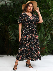 Summer Short Sleeve Floral Print Split Boho Beach Dress Large Size Female Chubby Dress