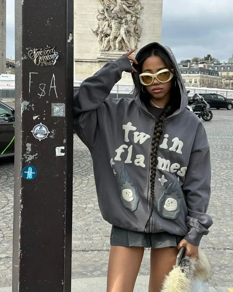 Oversized Retro Star Letter 3D Foaming Print Hoodie Fashion Tide Street Casual Loose Coarts