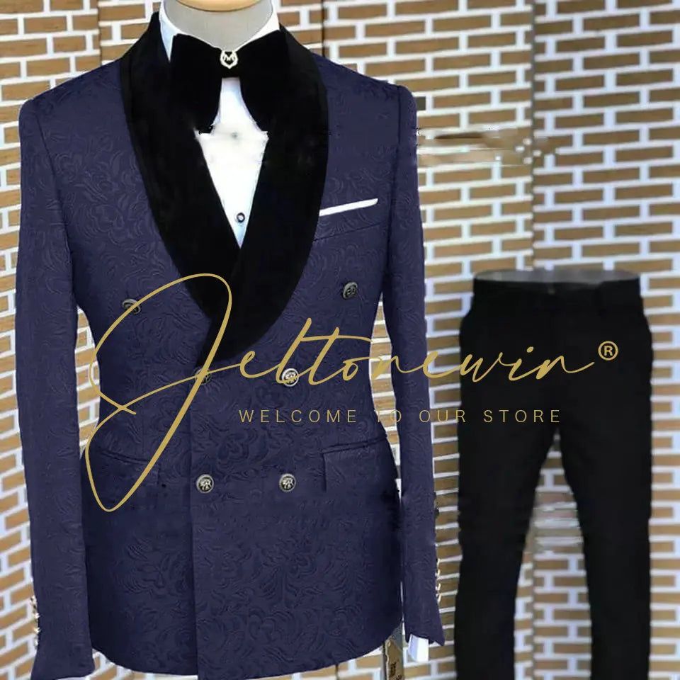 Tuxedo for Mens: Burgundy Jacquard Men Suit Slim Fit Double Breasted Wedding Suits