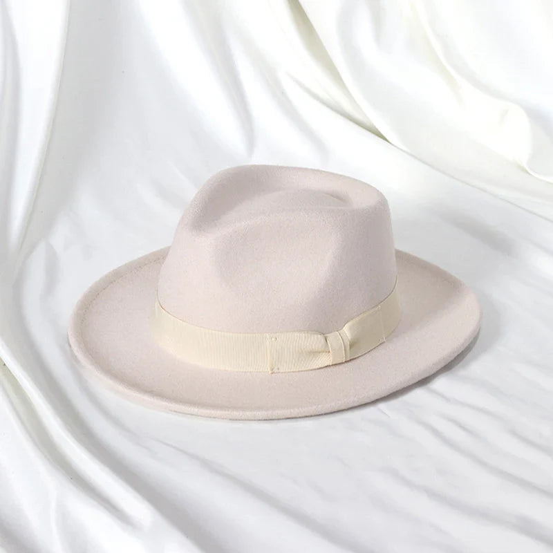 2022 New Fashion Men Fedoras Hat Women's Jazz Hat with Bow Tie Elegant Spring Black Woolen Blend Cap Outdoor Casual Felt Hat