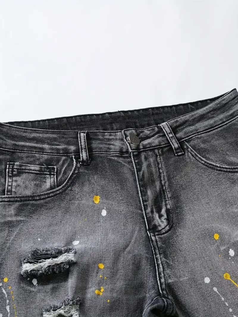 Men's Casual Creative Street Style High Stretch Paint Splatter Ripped