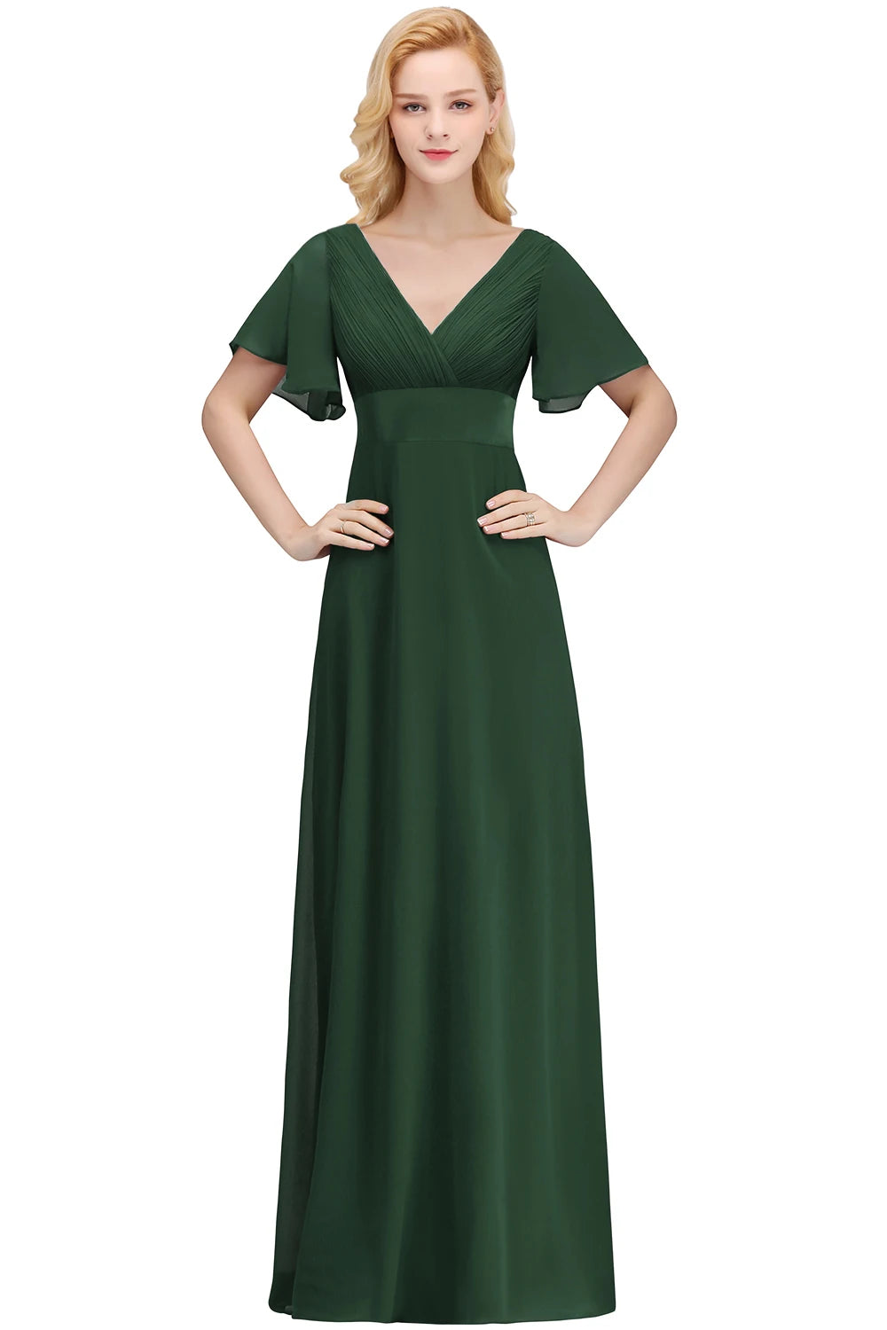 Chiffon Dresses For Prom Dress In Pristine Floor-length Short Sleeves White V-neckline And Sweeping A-line Skirt Zip-up Back