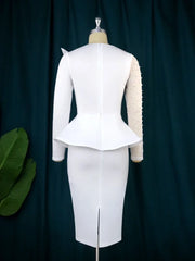 Women White Party Dress Long Sleeve O Neck Beading Mesh Patchwork