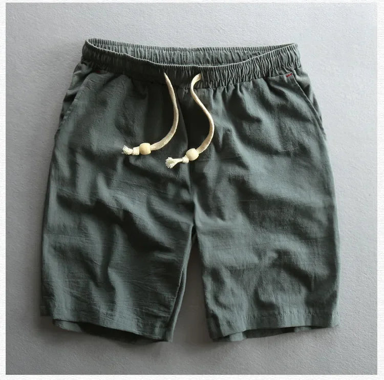 Schinteon Summer Men Casual Cotton Linen Shorts Knee Length Beach Elastic Waist Shorts Solid Color Comfortable Pants New