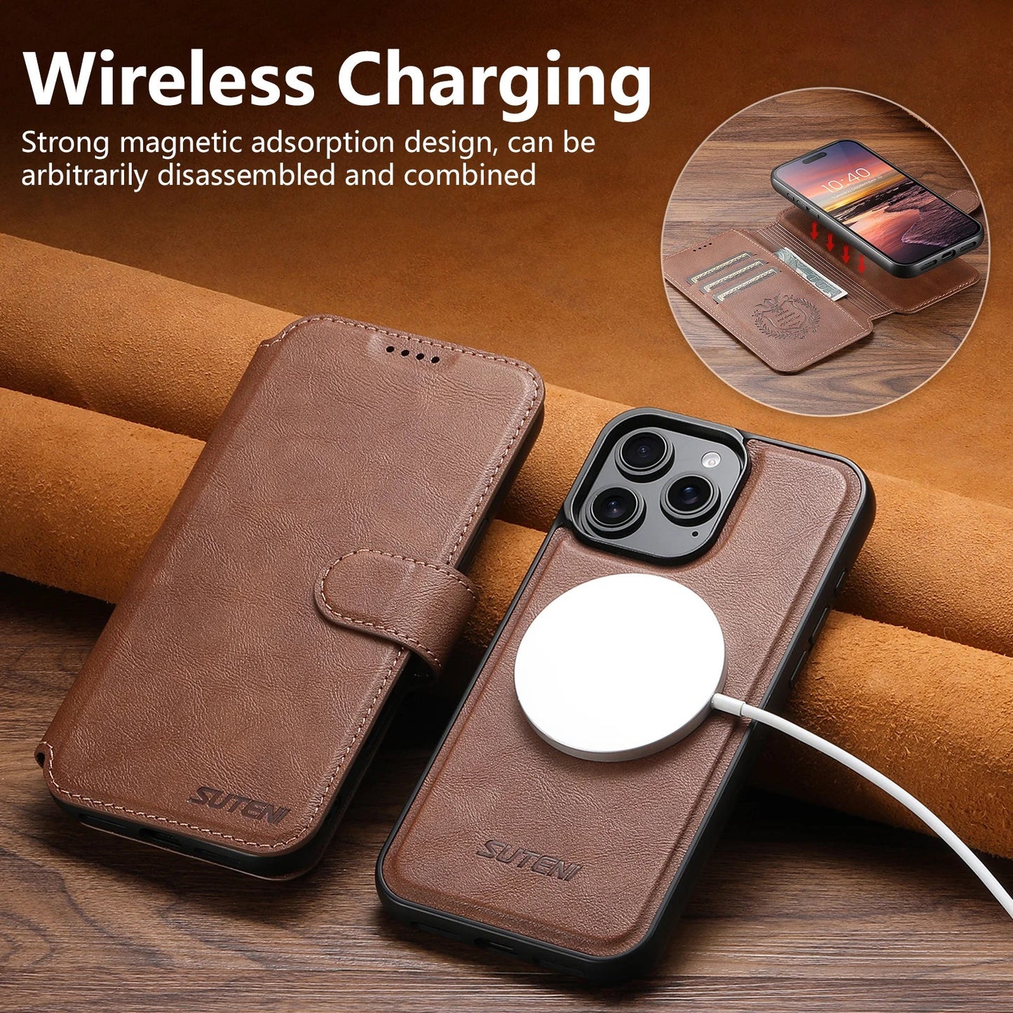 PU Leather Wireless Charging Card Holder Stand Wallet Magnetic Flip Cover Phone Case For iPhone 17 Pro Max 16 Plus 15 14 13 12