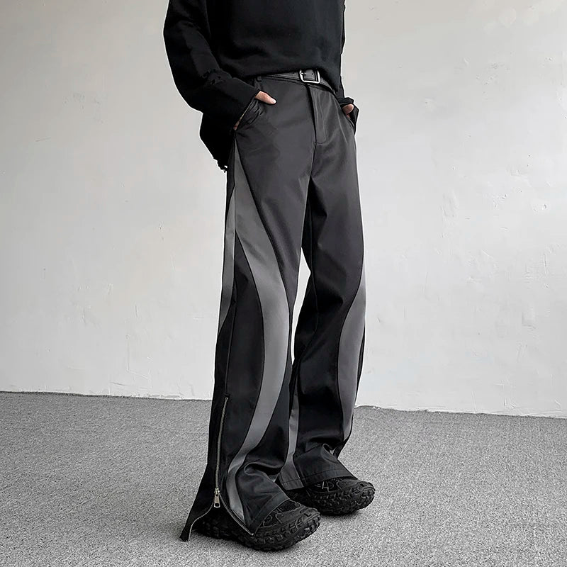 Men's Suit Pants Spliced Side Zippers Boot-cut Bottom Straight Leg Contrast Color