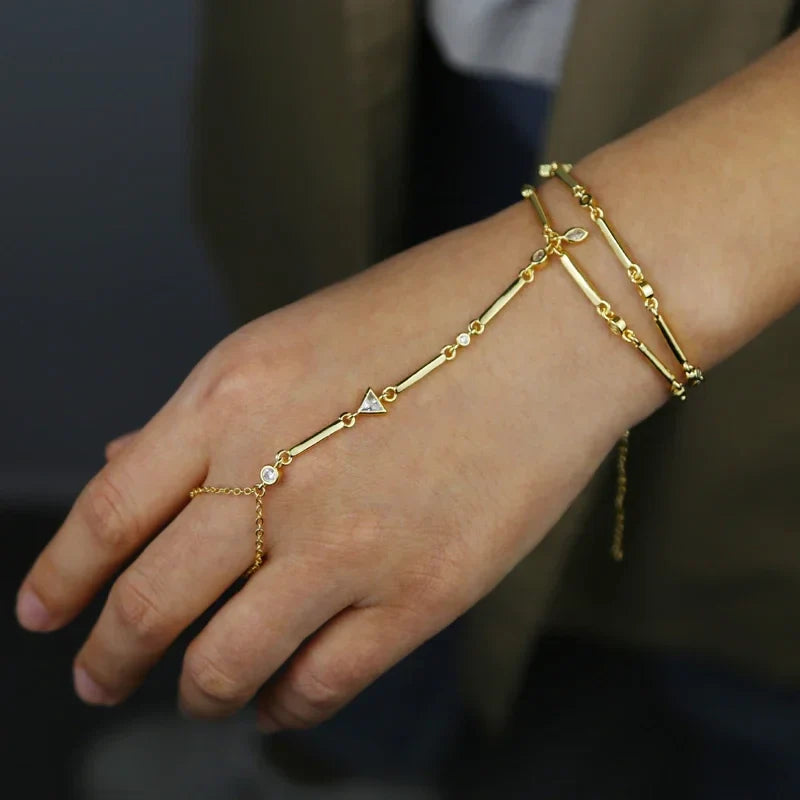 2025 New Micro Pave Clear CZ Tassel Hand Chain Bracelet Gold Color With Round CZ Station Double Chain Fashion Women Jewelry