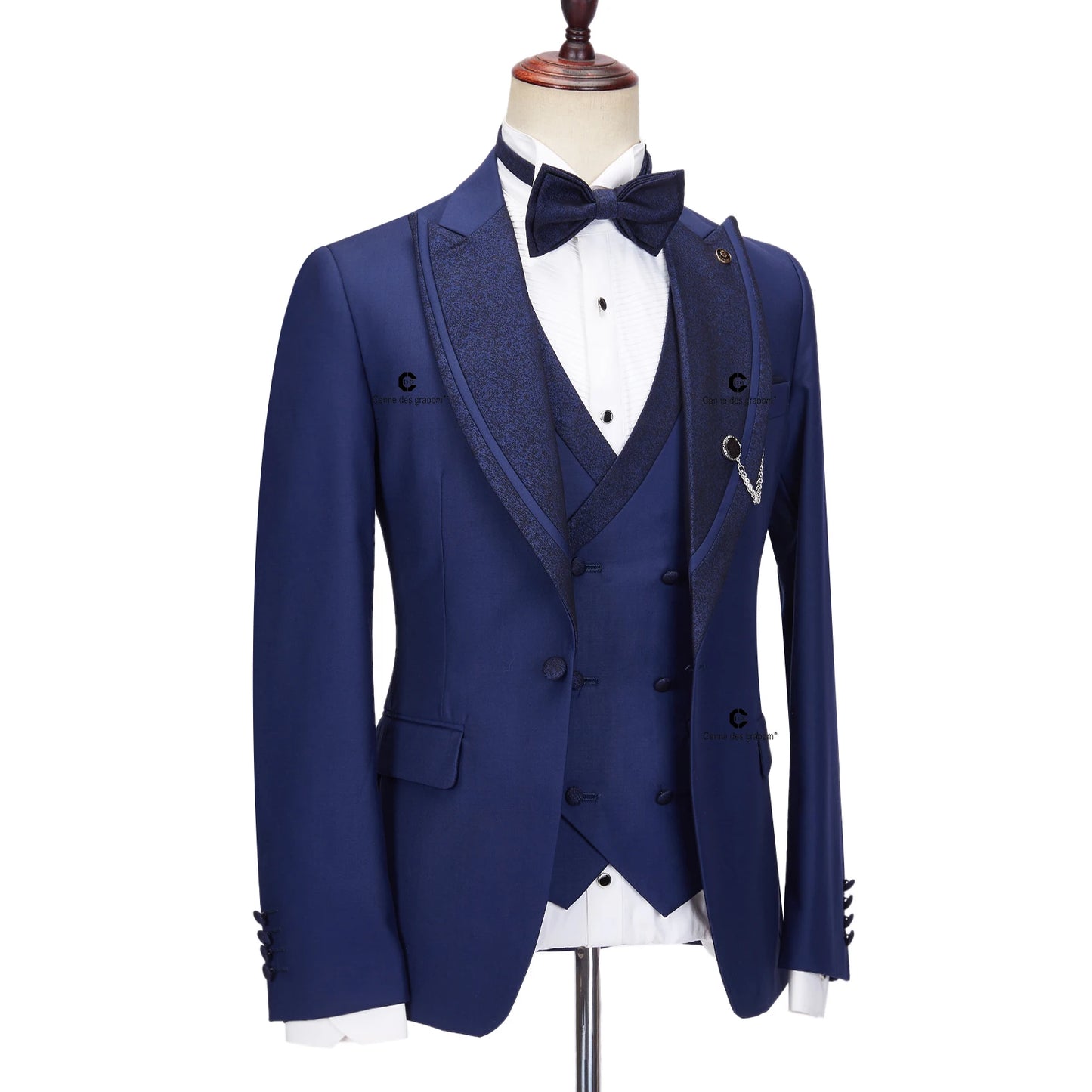 Tuxedo for Mens: Men Suits Blue Tuxedo Blazer Vest Pants with Bowtie 4pcs Set