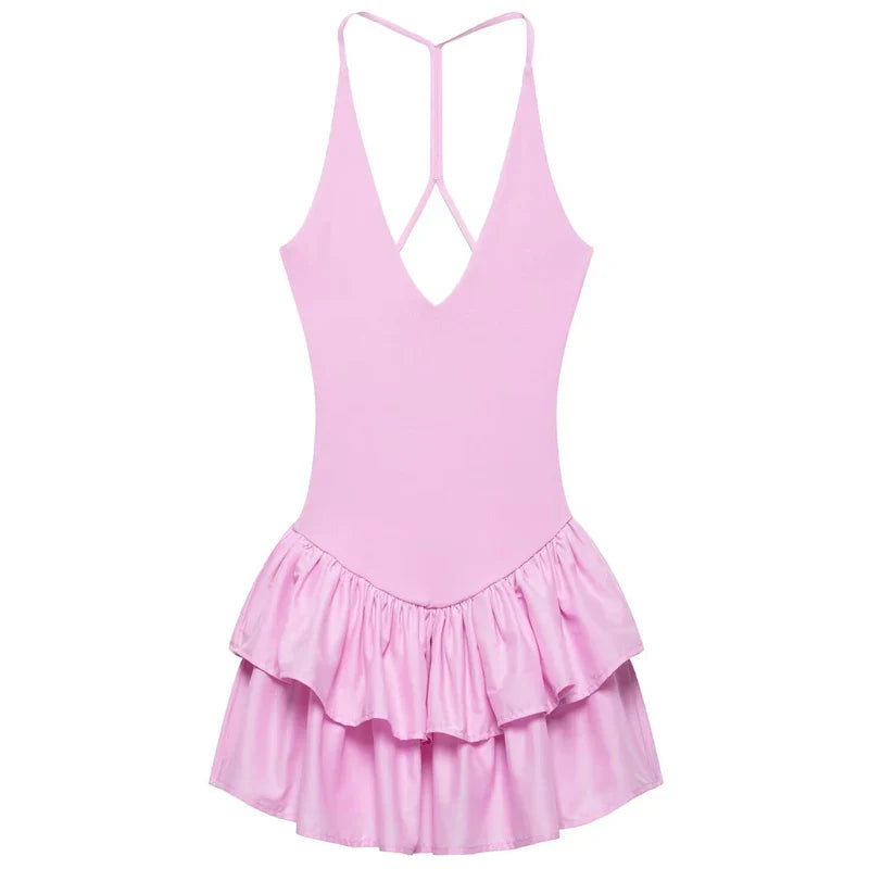 HXAO Womens Dresses Ruffled Halter Dress Summer Black Pink White Dress Mini Layered Backless Short Dresses Elegant Vestidos 066