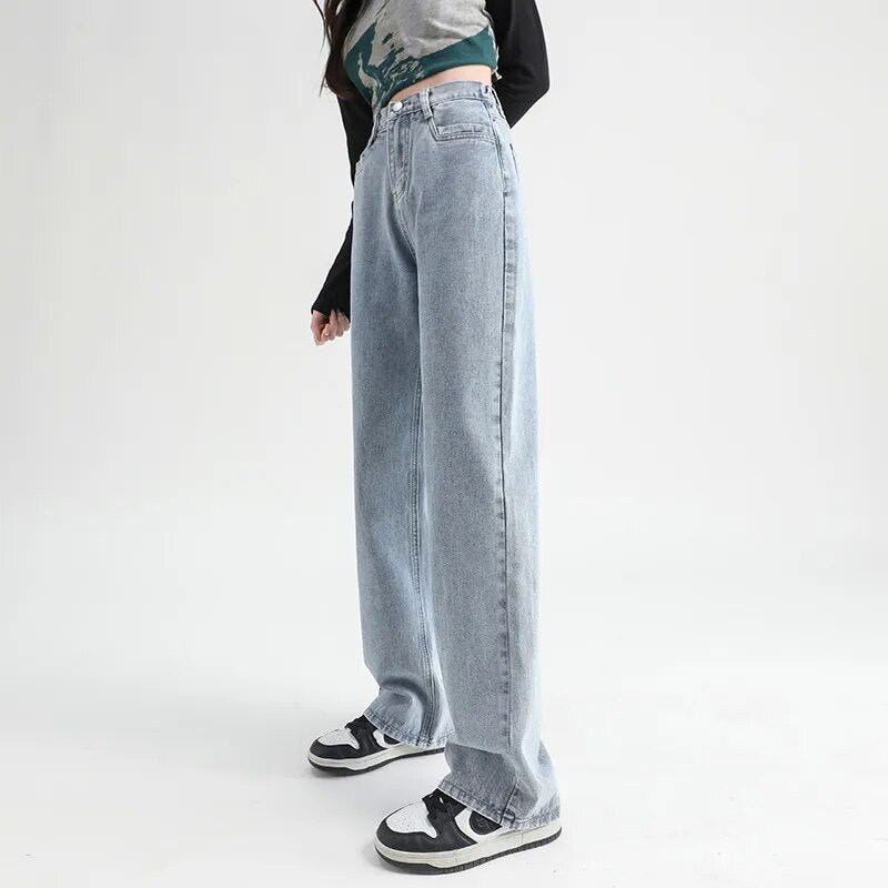 Woman Jeans Elastic High Waist Wide Leg Cotton Denim Clothing Blue White Streetwear