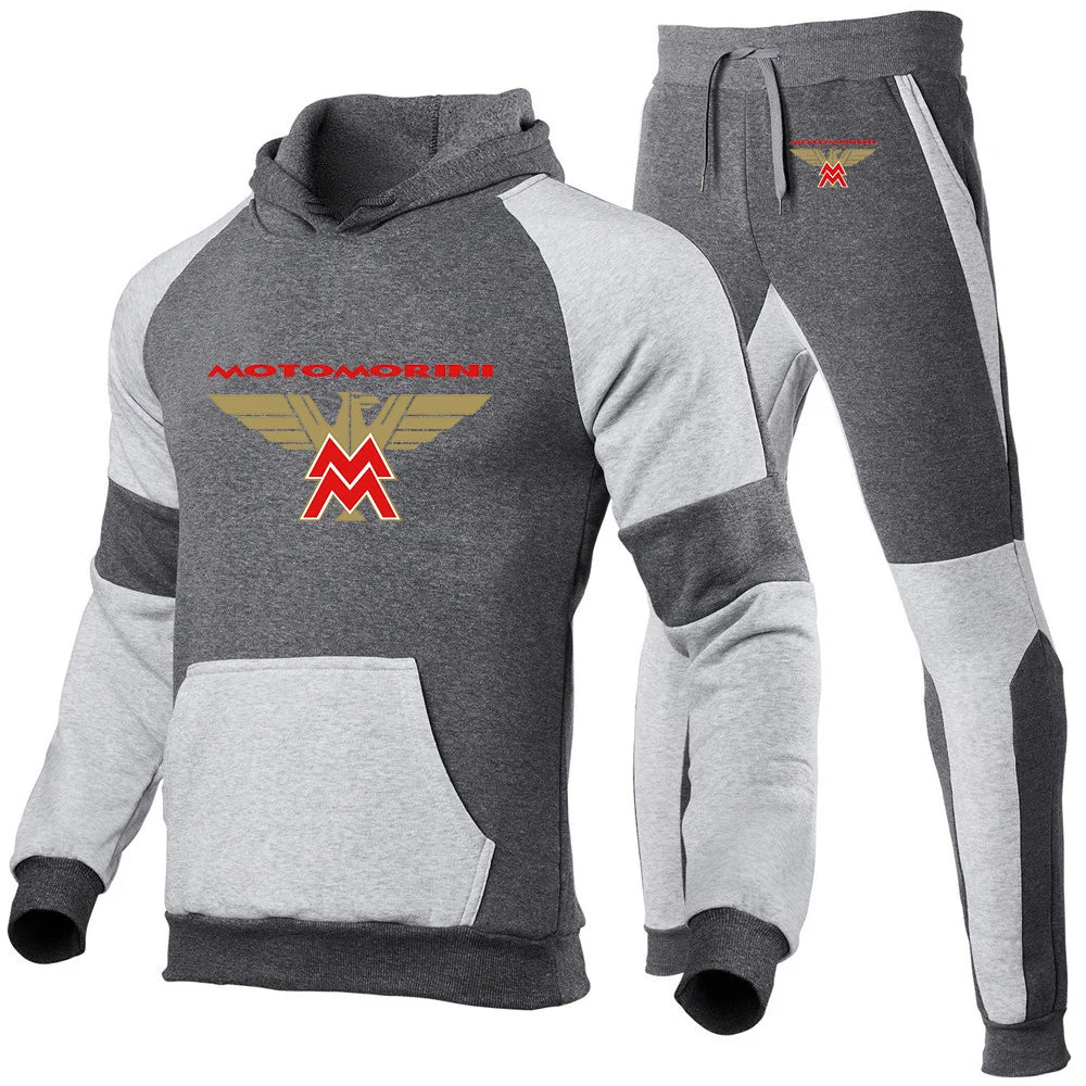 2024 Spring Autumn Men's Moto Morini Logo Print Sports Splicing Cotton Hooded Tracksuit+Jogging Sweatpants Trend Comfortable Set