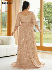 Tosheiny Plus Size V Neck Sequin Dress Fashionable Summer Dresses Apricot