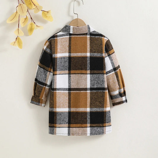 Coats 4-7 Years Brown Plaid Long-Sleeved Coat For Little Girls Preppy Style England Style Retro Coat