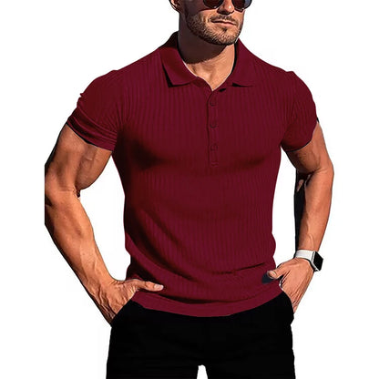 Men's running sports fitness wear summer high stretch vertical short-sleeved POLO shirt slim knit base shirt
