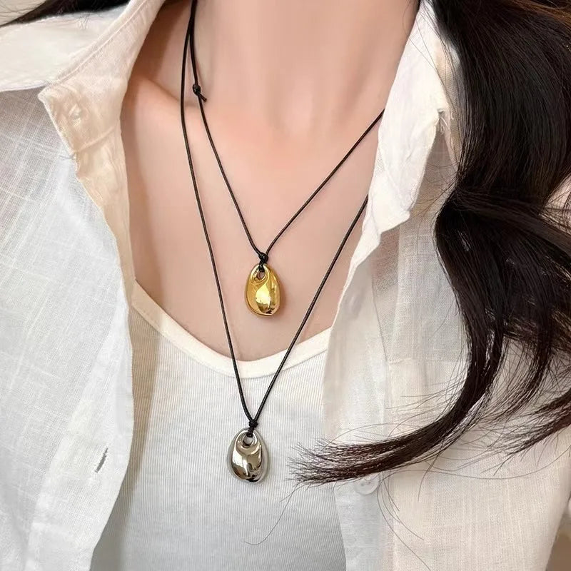 Vintage Irregular Punk Metal Bean Pendant Necklace for Women Adjustable Black Leather Rope Long Clavicle Chain Charm Jewerly