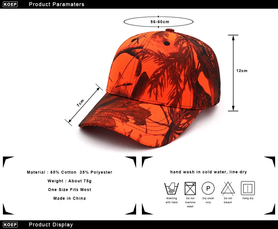KOEP Jungle Tree Orange Camouflage Cotton Dad Snapback Hat Outdoor Fishing Baseball Cap Bold Fluorescent Orange Camo Hunting Hat
