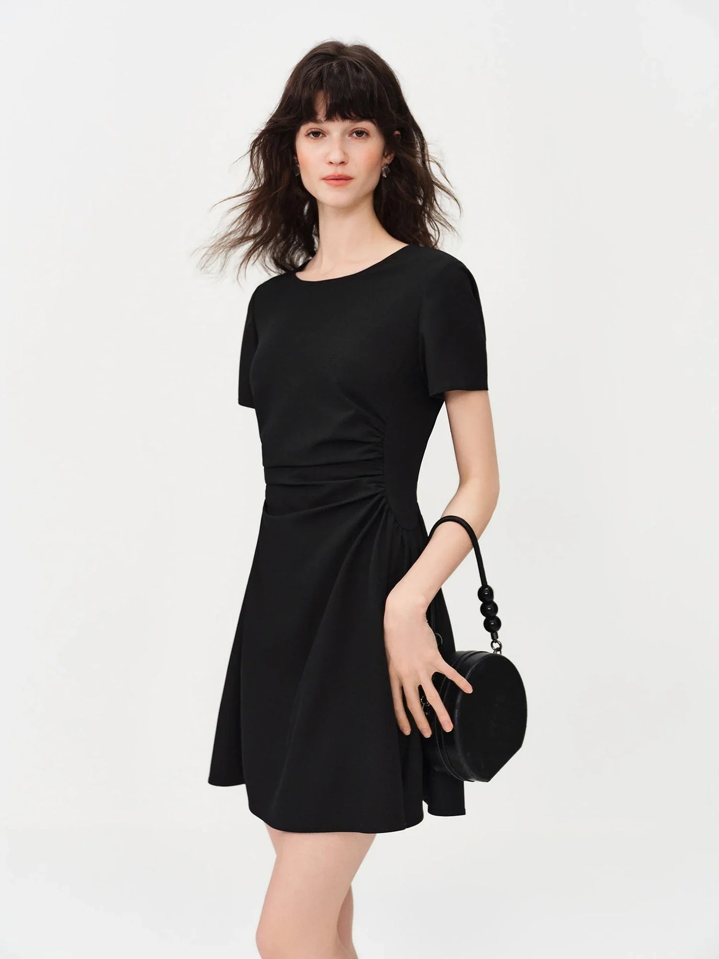 FSLE 2026 Summer Women's Black Midi Dress, Crew Neck Short Sleeve Waist-Cinching Slim Fit Black Dress for Chic Minimalist Style