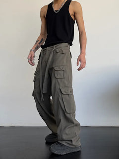 High street retro casual large pocket overalls men's and women's new summer high waist loose straight tube draped wide leg pants