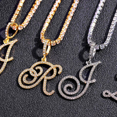 Cursive Letters Cubic Zirconia Chain Intial Name Necklace Hip Hop Jewelry Gold