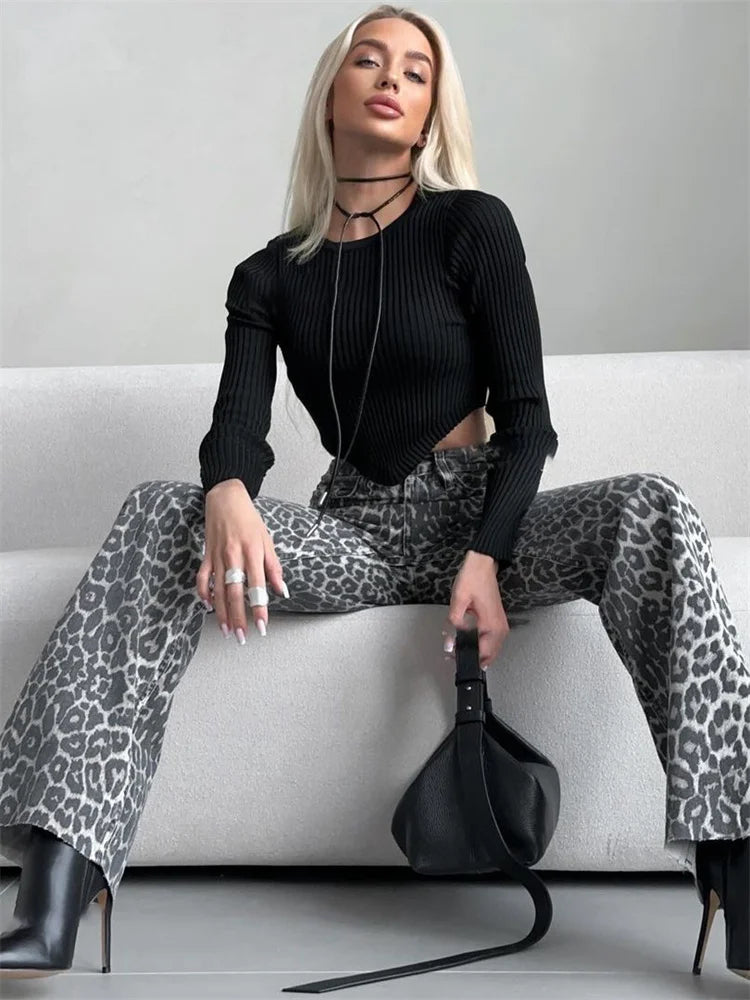 Retro Leopard Print Jeans for Women Elegant Ladies Gray Denim Pants Wide Leg Hip Hop