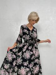 Chiffon Floral Bandage Long Dresses Elegant Vintage Pink Flower Evening Dresses