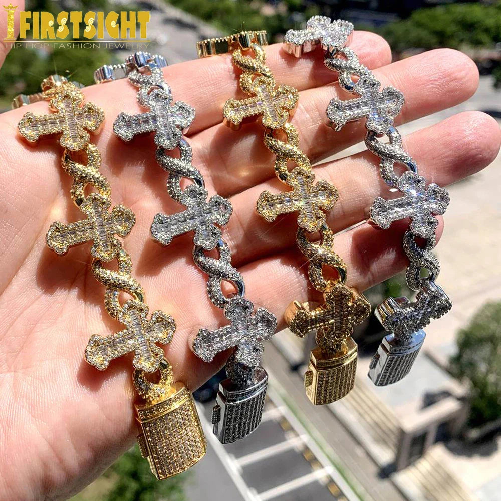 New Iced Out Cross Infinity Charm Bracelet Micro Paved Cubic Zirconia Cuban Chain For Women Men Hip Hop Rapper Jewelry