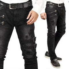 Zipper Decoration Slim Fit Biker Jeans Men Cotton Stretchy Ripped Skinny Jeans