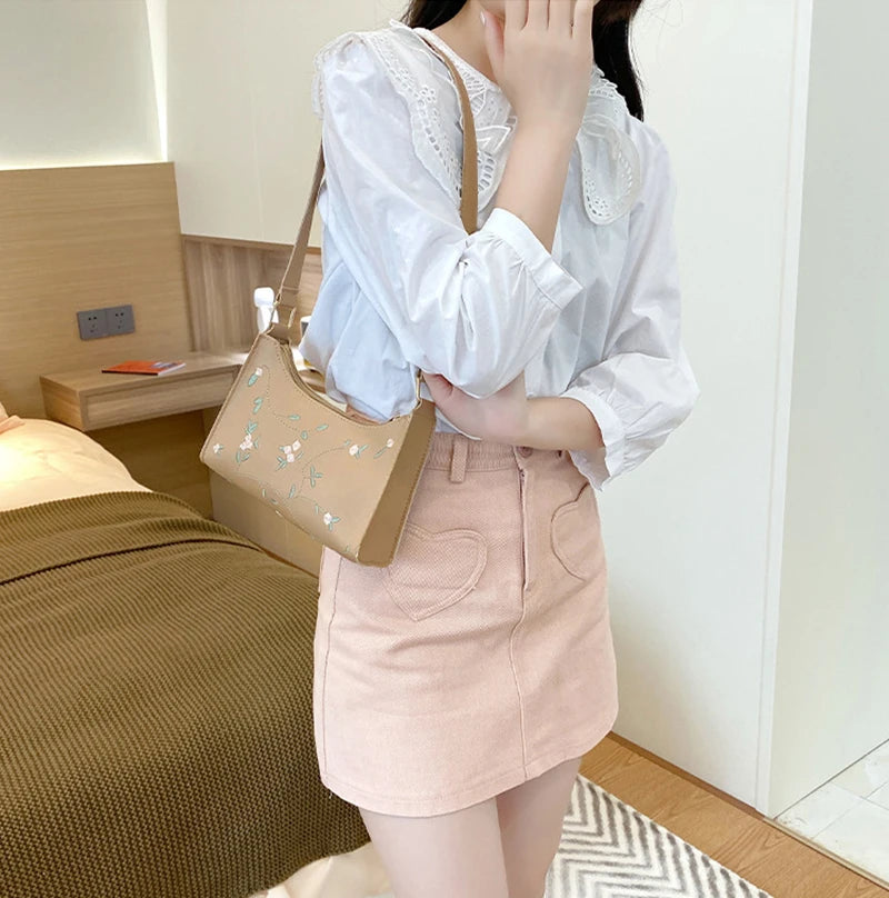 Fashion Embroidered Women's Handbags PU Leather Small Shoulder Clutch Bags