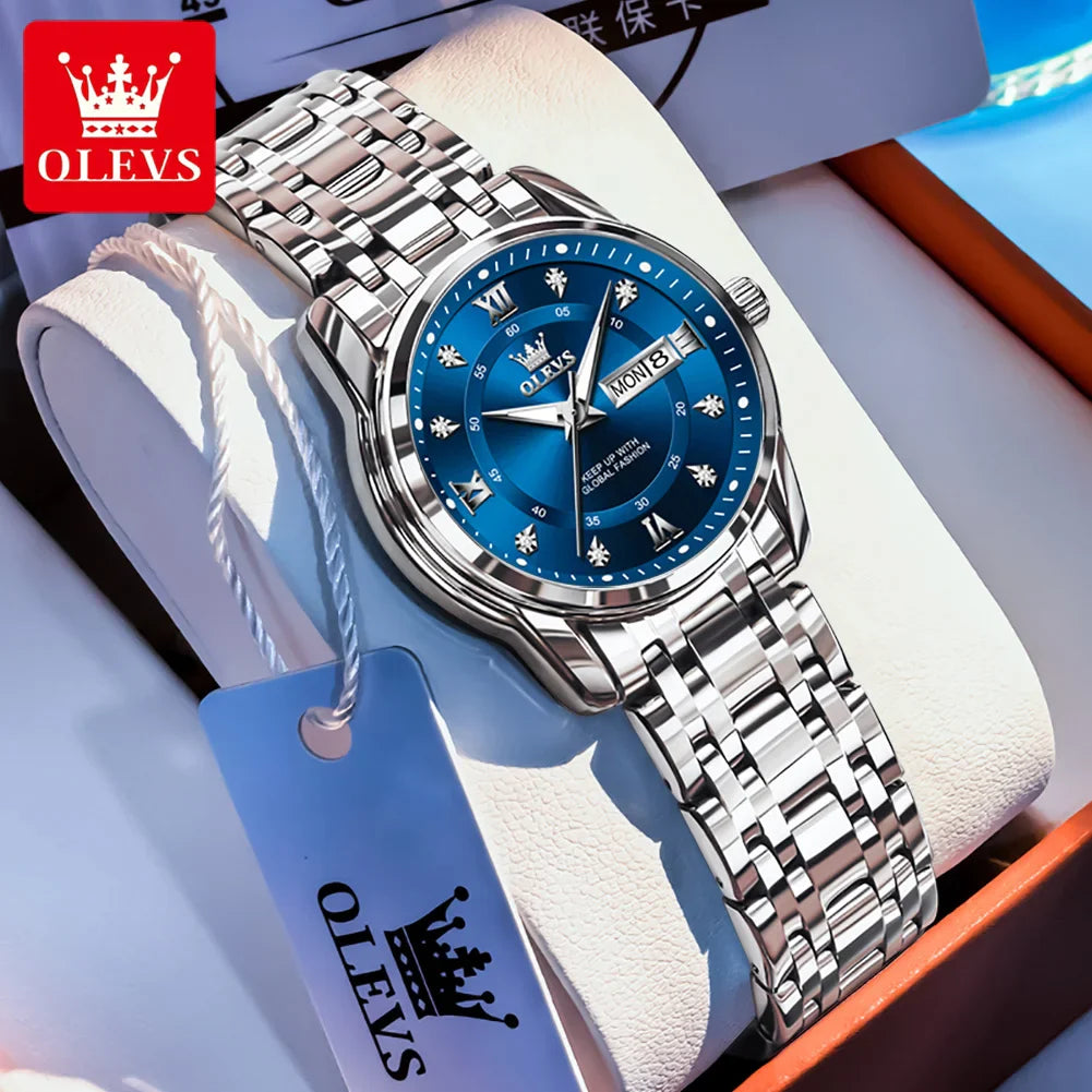 OLEVS 5513 Quartz Watch for Women Diamond Scale Dual Calendar Stainless Steel Strap Waterproof Watch Elegant Ladies Wristwatches