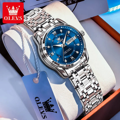 OLEVS 5513 Quartz Watch for Women Diamond Scale Dual Calendar Stainless Steel Strap Waterproof Watch Elegant Ladies Wristwatches