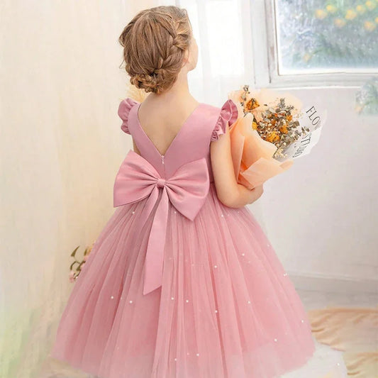 Elegant Pink Fluffy Girl Dresses Birthday Tulle Sleeveless Bow Pearls Princess Wedding Party Gown Kids Piano Performance Costume