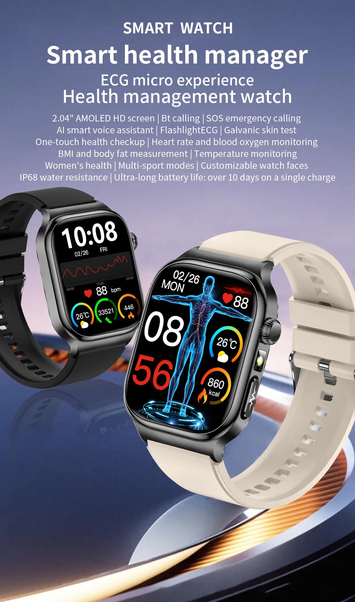 2025 New Five organ examination Health Care Smart Watch Men ECG+PPG Uric Acid Blood Fat Bluetooth Call Sports tracker Smartwatch