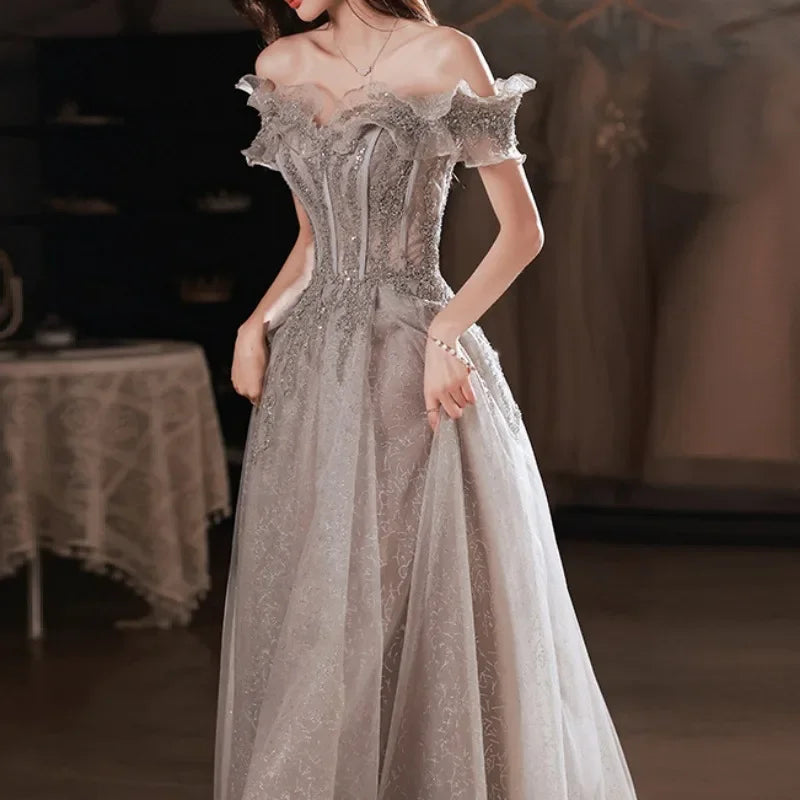 Homecoming Dresses: Gray Evening Dress Off Shoulder Shiny Sequin Lace A-line