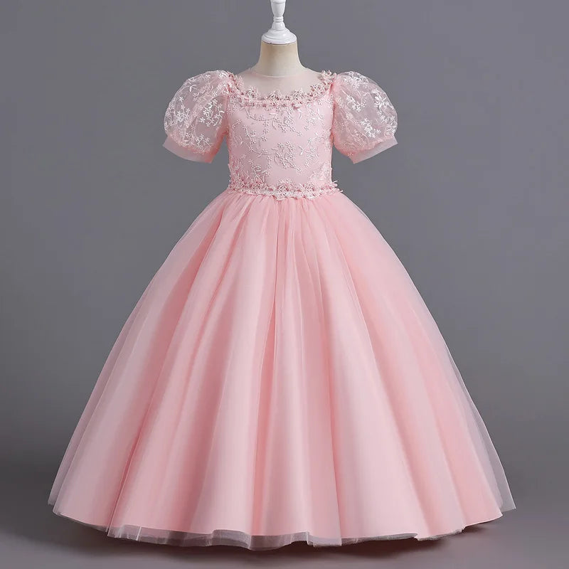 Children's Dress for Girls' 4-12 years old Princess Sequin Bubble Sleeve Long Mesh Flower Girl Wedding Little Summer
