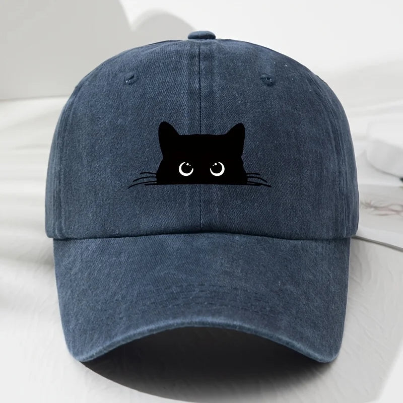Cute cat print vintage washed baseball cap for men and women, versatile casual curved brim hat