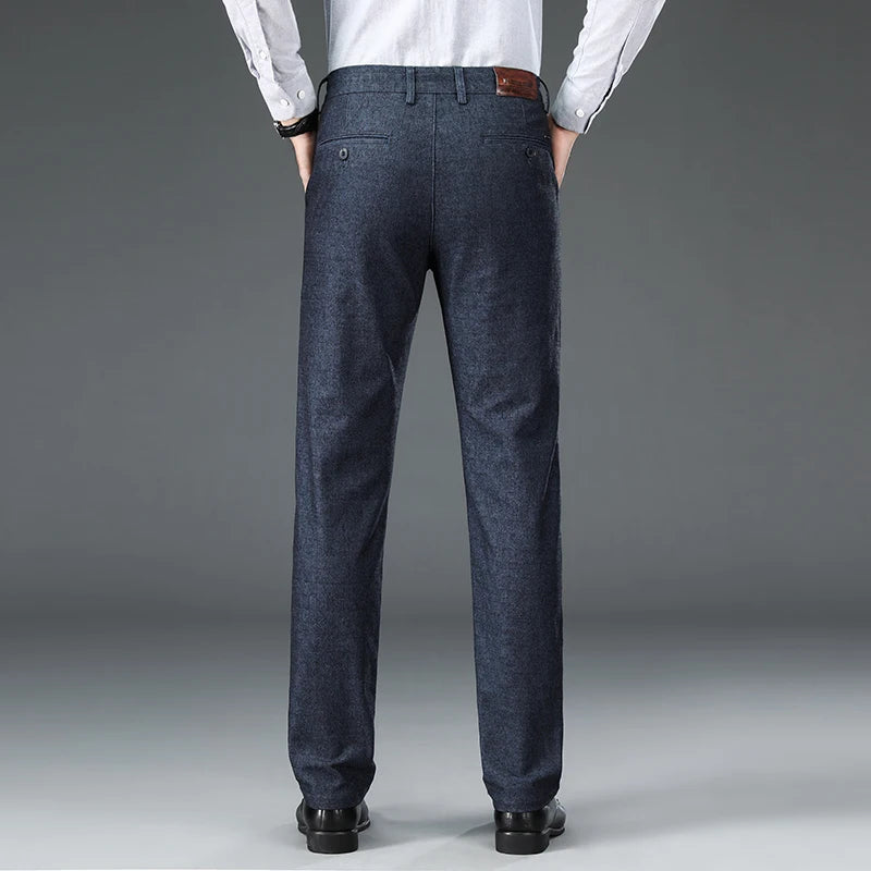 Men's Suit Trousers Cotton Loose Straight Pants for Male High Waist Elastic Black