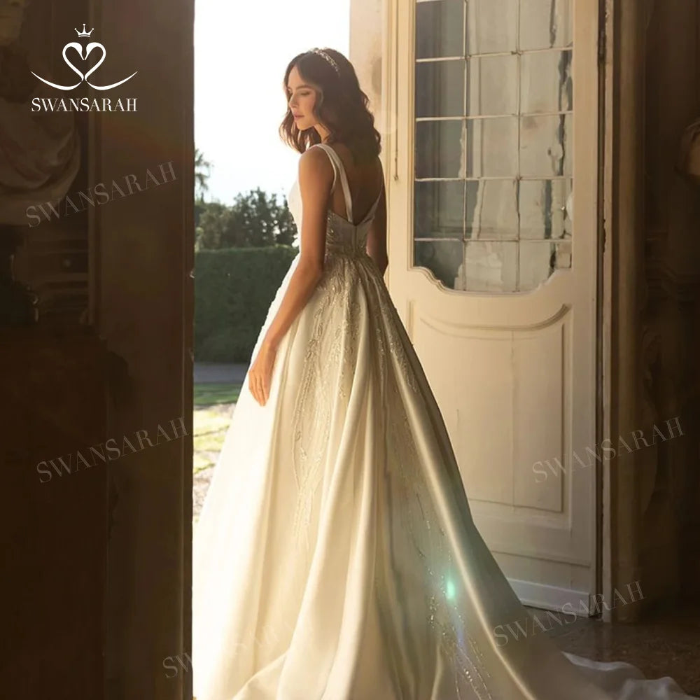 White Bridesmaid Dresses: Wedding Dress Beading Open Back Court Train Princess