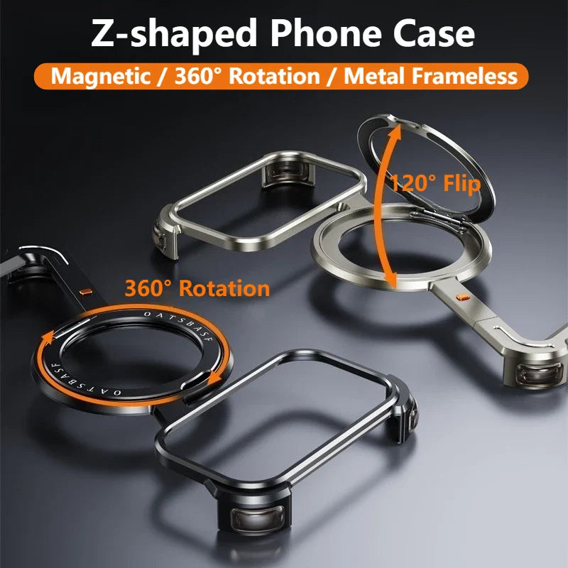 Eary Metal Magnetic Phone Case for iPhone 17 Pro Max/17 Pro/17 Air Magsafe 360°Rotate Stand Frameless Shockproof Protector Cover