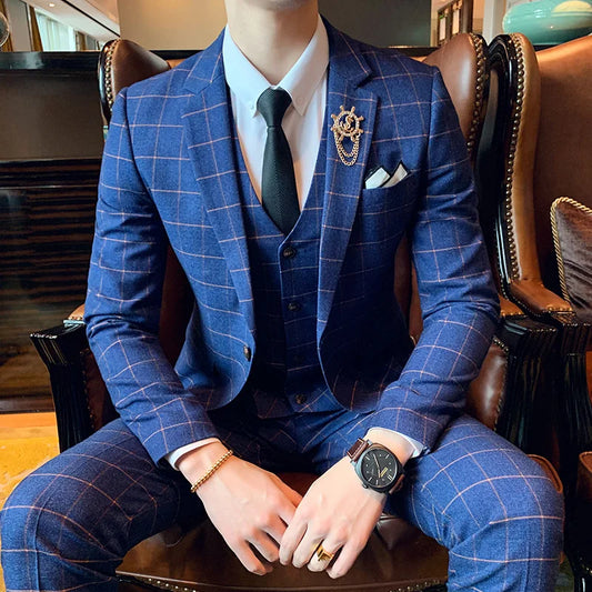 British Business Casual Solid Color Plaid Suit Three-piece Korean Version of Youth Slim-fit